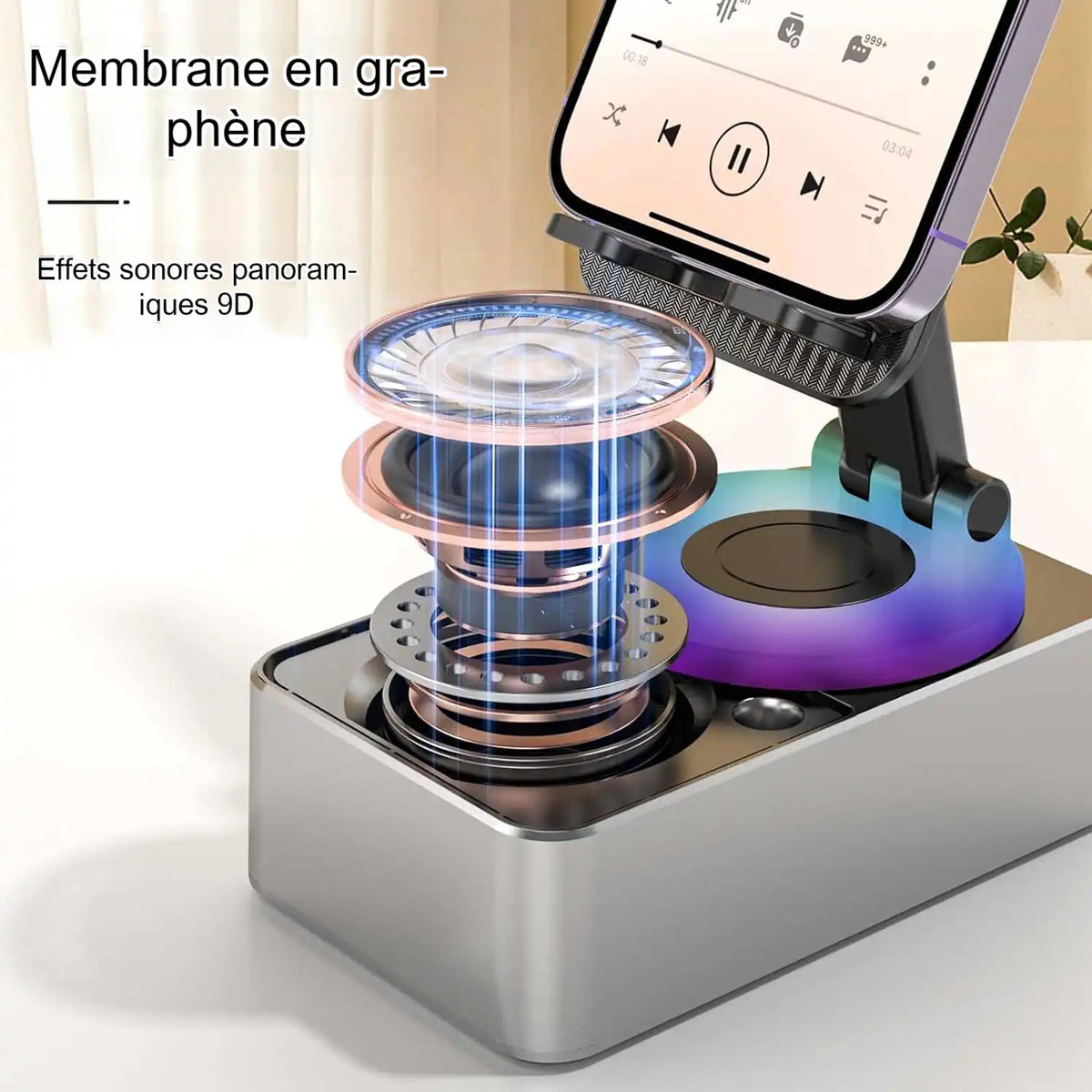 Support Bluetooth avec Haut-Parleur et Chargeur Intégrés